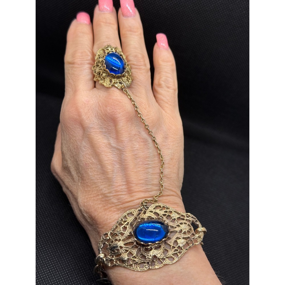 Vintage Blue Cabochon Gold Tone Filigree Slave Bracelet Ring Hand Chain Set